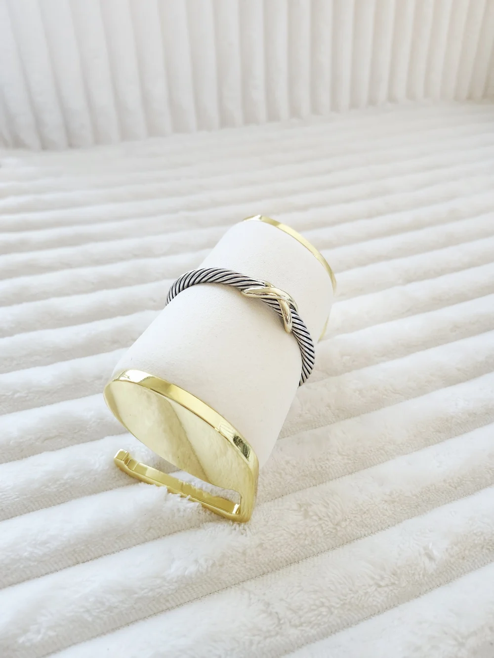 Twisted Cable Bracelet with Gold X Accent — Black and Silver